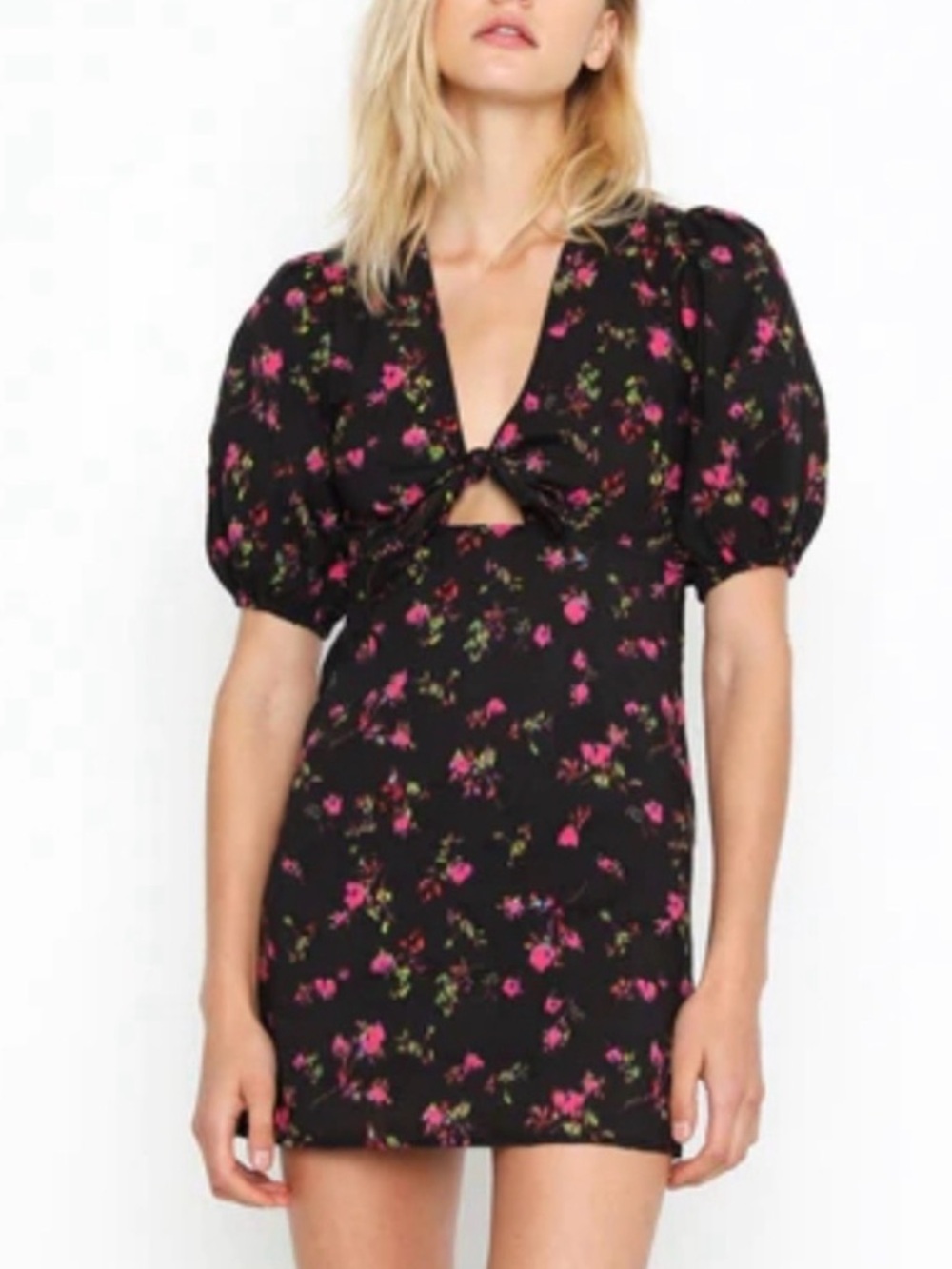 Pam & Gela Washed Black Cotton Neon Ditzy Floral Tie Front Mini Dress Size S